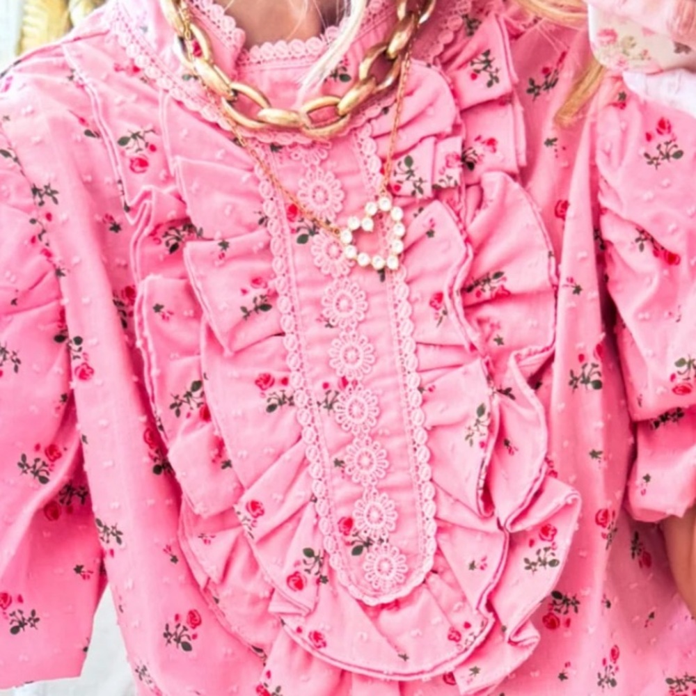 Pink Floral Ruffle Front Puff Sleeve Blouse - Picture 5 of 7